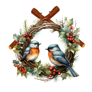 Detailed watercolor wall sticker featuring birds on a branch wreath with red berries