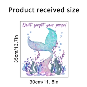 Detail showing dimensions of mermaid tail wall sticker with watercolor sea plant motifs