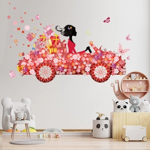 Girl Flower Fairy Butterfly Carriage Wall Sticker PVC Waterproof DIY Home Decor Mural For Kids Bedroom Living Room Decorations