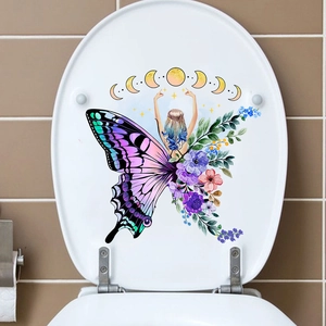 Detail of floral butterfly girl toilet sticker with bohemian art design on brown tile background