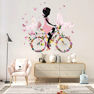 Wandtattoo Mädchen Fee auf Blumenfahrrad für Kinderzimmer und Schlafzimmer Wanddekoration