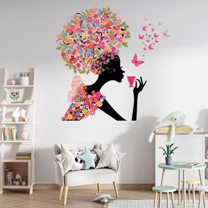 Sticker Mural Créatif Silhouette Femme Florale Imperméable PVC Autocollant Papillon Fleur Décor pour Salon Chambre à Coucher Chambre d'Enfant