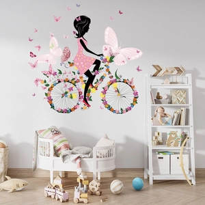 Wandsticker Fee auf Blumenfahrrad mit rosa Schmetterlingen für Mädchenzimmer Deko