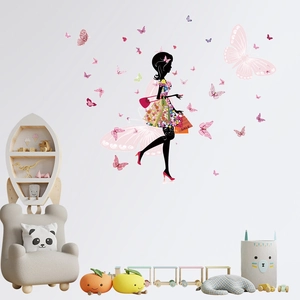 Sticker mural silhouette fille avec papillons roses pour décoration chambre