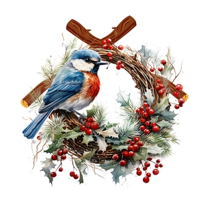 Watercolor sticker detail showing a blue bird on a pine wreath with red berries