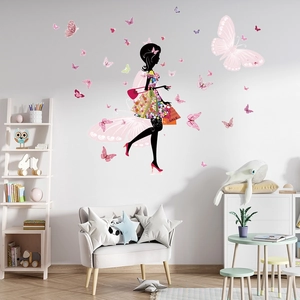 Sticker mural fée des fleurs élégante avec papillons pour déco chambre de fille