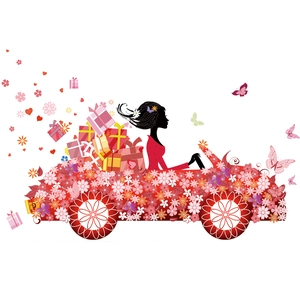 Romantic floral car wall sticker with fairy silhouette, flowers, gifts, and butterflies decor