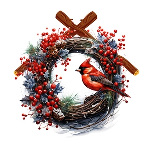 Detail of Christmas wreath with Northern Cardinal, red berries, pine needles and cones