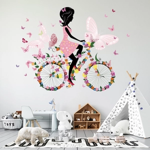Mädchen Blumenfee Radfahren Floral Fahrrad Silhouette Wandtattoo Mit Rosa Schmetterling DIY Vinyl PVC Wasserdicht Deko