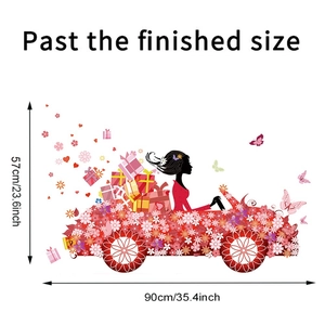Detail showing dimensions of girl in flower car wall decal, 90x57cm once applied
