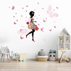Sticker Mural Silhouette Fille Fée Papillon Mode Robe Florale Papillons Roses DIY PVC Imperméable Mural Pour Décoration