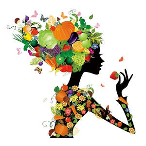Creative wall sticker of a female silhouette made of colorful fruits and vegetables