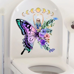 Detail of self-adhesive butterfly girl toilet lid sticker with floral and moon phase motifs