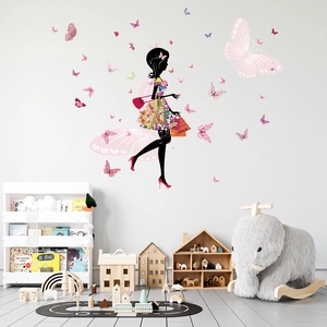 Sticker mural fée des fleurs avec papillons roses pour déco chambre enfant et salon chic