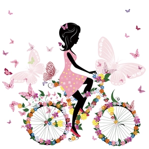 Wandtattoo Blumenfee auf Fahrrad mit bunten Blüten und rosa Schmetterlingen Dekor