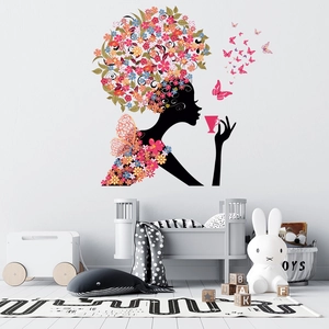 Sticker mural silhouette fée florale avec papillons colorés pour décoration chambre