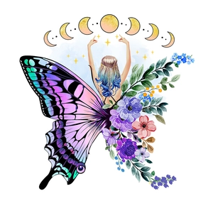 Detailed watercolor wall sticker featuring butterfly girl wings and moon phases