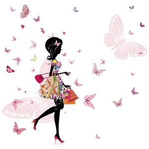 Sticker mural silhouette de fille à fleurs avec robe fleurie et papillons roses décoratifs