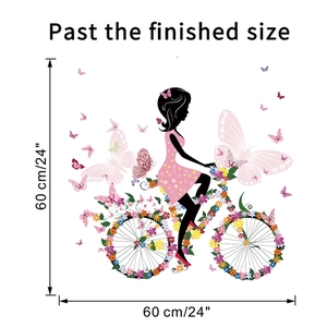 Detail der 60cm Blumenfee auf dem Fahrrad Wandtattoo Maße und Layout-Anzeige