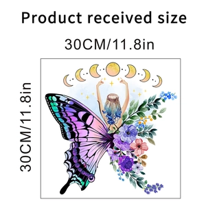 Detailed dimension guide for butterfly girl wall sticker showing 30x30cm square size