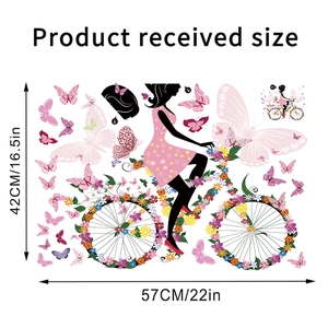 Maßzeichnung zeigt 57x42cm Abmessungen für Blumenfee-Fahrrad-Wandaufkleber-Dekoration