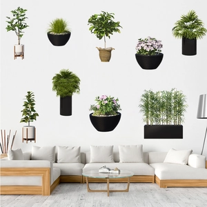 Self-adhesive wall stickers with realistic green potted plants for living room decor