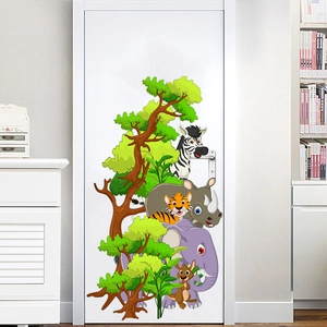 Cartoon Jungle Animal Wall Sticker Elephant Tiger Zebra Tree PVC Self Adhesive Mural For Kids Room Nursery Home Decor