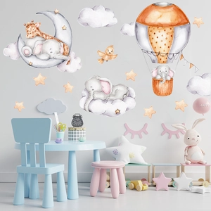 Elephant and giraffe wall decals with hot air balloons for kids room wall decor