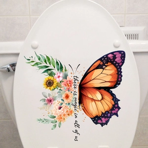 Floral butterfly toilet sticker with sunflowers and inspirational text on white lid