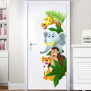 Cartoon jungle animals giraffe and elephant stickers on white door for kids room