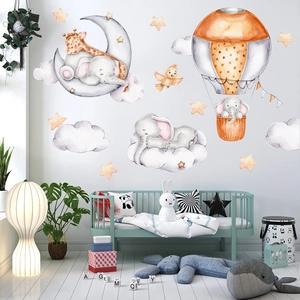 Detailed watercolor wall stickers showing giraffe on moon and elephant in hot air balloon