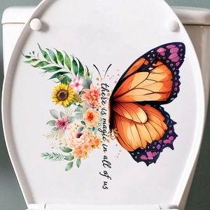 Detail of floral butterfly wall sticker with magic quote on a white toilet lid