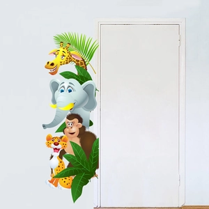 Detailed view of colorful cartoon giraffe and elephant wall stickers for nursery decor