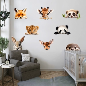 Detailed nursery wall scene with cute cartoon animal stickers like pandas and giraffes