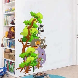 Self-adhesive jungle animal wall decals with tiger, elephant, and zebra for nursery