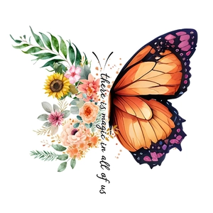 Artistic watercolor butterfly wall sticker with floral wings and magic text decor