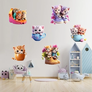 Cute cartoon cats in colorful boots and cups wall stickers for kids room nursery decor
