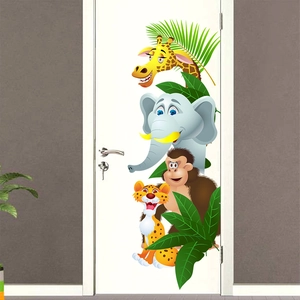 Detailed close-up of cartoon safari animal wall stickers with giraffe and elephant on a door