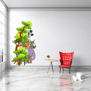 Jungle animals wall stickers with elephant and tiger in a cozy living room scene
