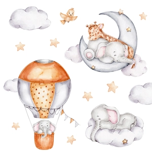 Elephant moon and stars wall stickers for kids nursery in soft orange and pink watercolor