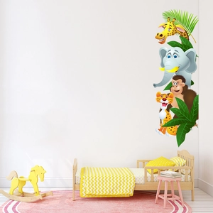 Cartoon animal wall stickers with giraffe, elephant, and monkey for kids room decor
