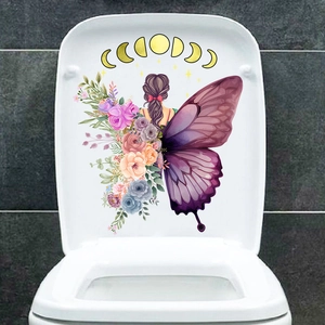 Self-adhesive toilet lid sticker with butterfly girl design, flowers, and moon phases decor