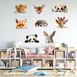 Cute cartoon animal wall stickers featuring lion rabbit and giraffe for kids room decor