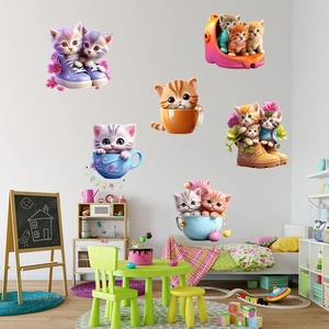 Detail of cute cartoon cat and flower wall stickers in a cozy child room setting