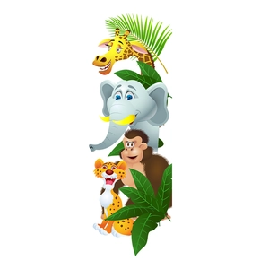 Detail view of cartoon giraffe, elephant, gorilla, and leopard wall stickers for kids