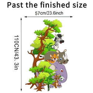 Detailed size map of jungle animal wall stickers showing dimensions for tree and elephant