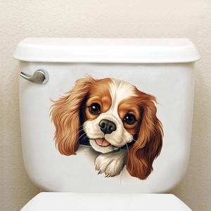 Detail showing Cavalier King Charles Spaniel 3D wall sticker on a white toilet tank