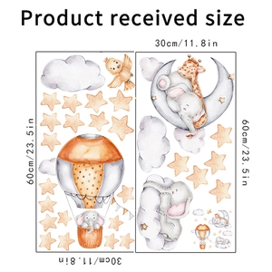 Detailed sheet layout of watercolor elephant and moon wall stickers for nursery decor