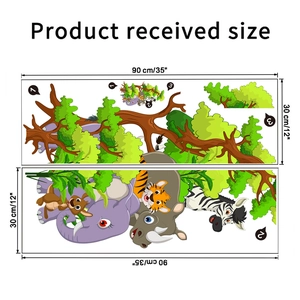Detail view of jungle animal wall stickers showing product sheets and 90x30cm dimensions