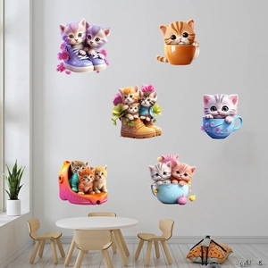 Detail of 3D cartoon cat wall stickers in shoes and cups for nursery wall decor
